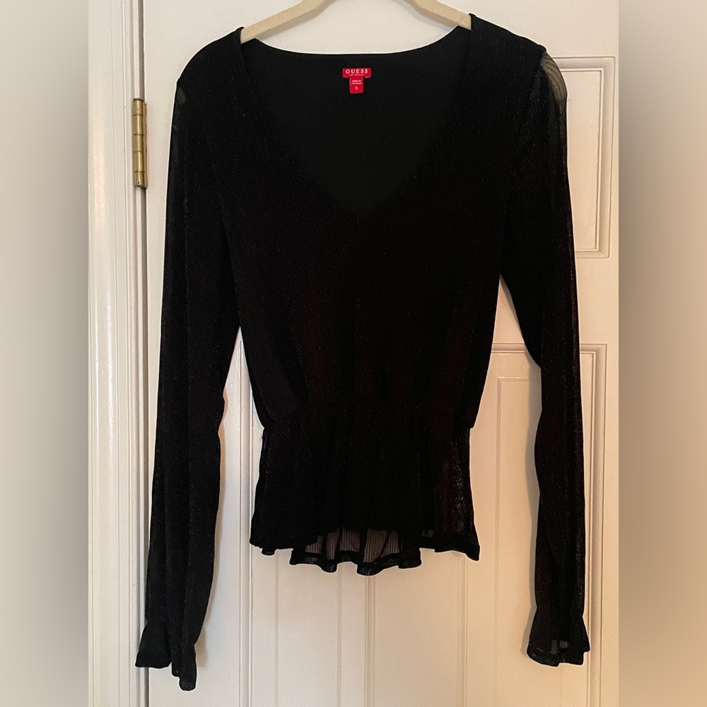 Guess Black V-Neck Sparkle Going Out Top S